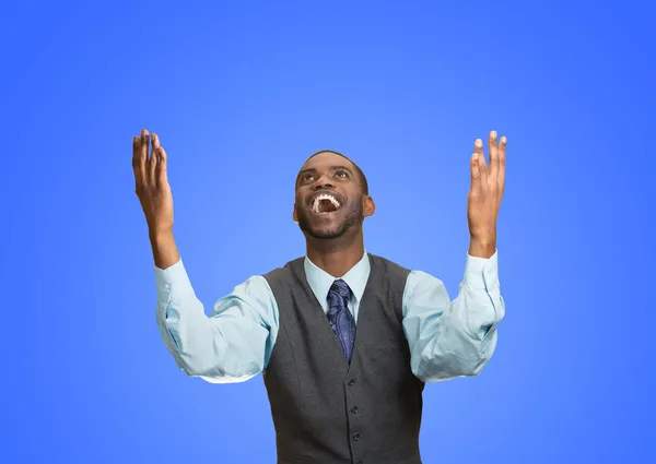 Excited happy man celebrates success, good outcome