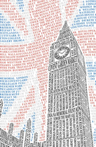 Big Ben of the names of London attractions. Vector