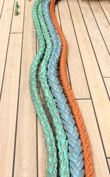 Closeup of colorful thick ropes on sailboat
