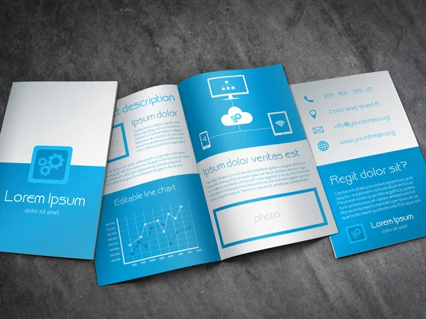 Business brochure template in modern blue and white design with a lot of icons and a line chart