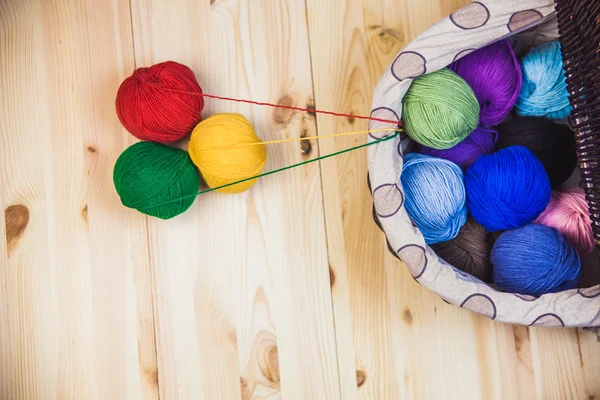 Balls Of Wool On Wooden Table