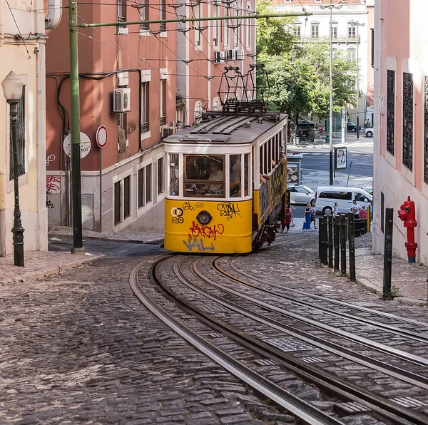The cable car (funicular) moves uphill in Lisbon, Portugal