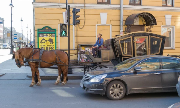 The car and horse crew stand on the traffic light in Petersburg