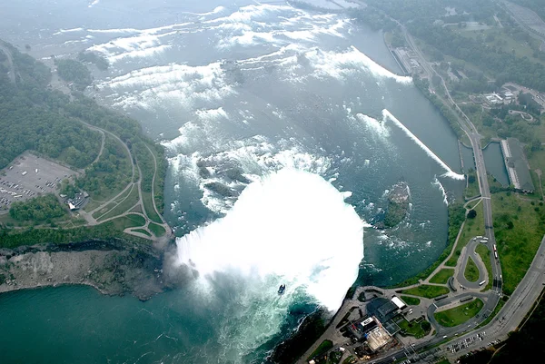 This is a view from a helicopter ride over the Niagara falls and the river rapids