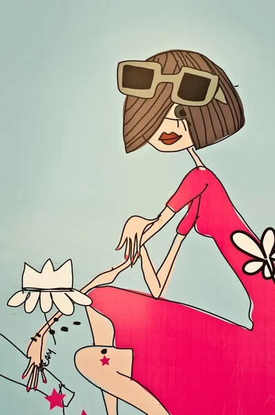 Graffiti woman with sunglasses and pink dress
