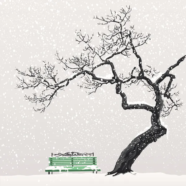 Winter landscape with a tree and a bench
