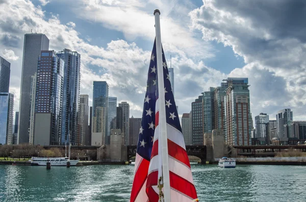 American Flag Against Chicago Skyline