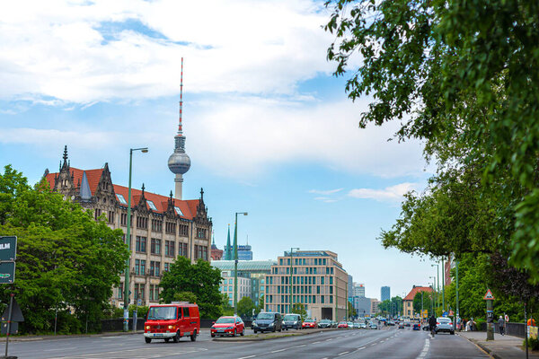 Urban summer landscape of Berlin city. Modern Europe. Berlin, Germany - 05.17.2019