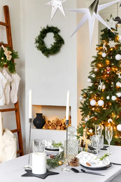 Light Festive Christmas Interior Set Table Festive Dinner — Stock Photo, Image