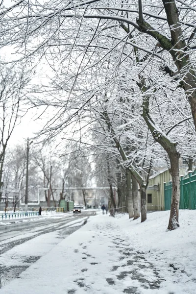 Promenada Droga Zewnątrz Pokryte Śniegiem Zimie — Zdjęcie stockowe