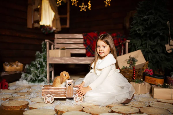 Маленькая Девочка Играет Своим Другом Кроликом Сказочную Рождественскую Ночь — стоковое фото