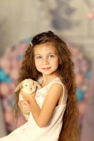 Küçük Şirin Prensesin Portresi Beyaz Tavşanı Elinde Tutuyor Toplar Koniler — Stok fotoğraf