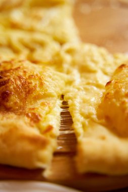 Imeretian tarzında sıcak khachapuri. İşlenmiş peyniri esnetiyorum. İnanılmaz lezzetli bir yemek..