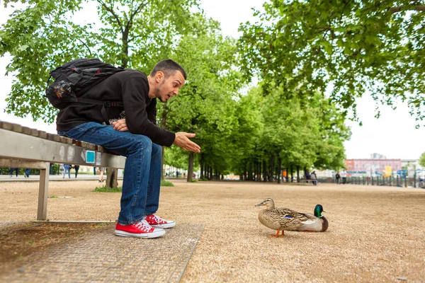 Hombre Alimenta Pato Sus Manos Parque Ciudad Divertido Pato Alegra — Foto de Stock