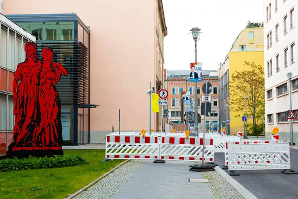 Calle Cerrada Esgrima Con Luces Intermitentes Camino Funciona Berlín Alemania — Foto de Stock