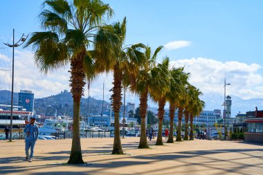 Modern rıhtım hattının güneşli bir günü. Palmiye ağaçları. Batumi tatil köyü. Batumi, Gürcistan - 03.28.2021