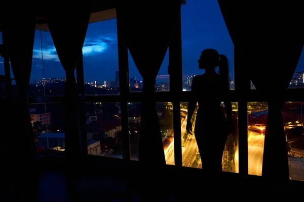 Silhouette Girl Stained Glass Window Looks Night City — Stock Photo, Image