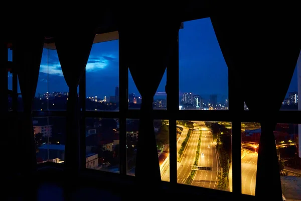 Night View Window Apartment Multi Lane Highway Direction Metropolis Night — Stock Photo, Image