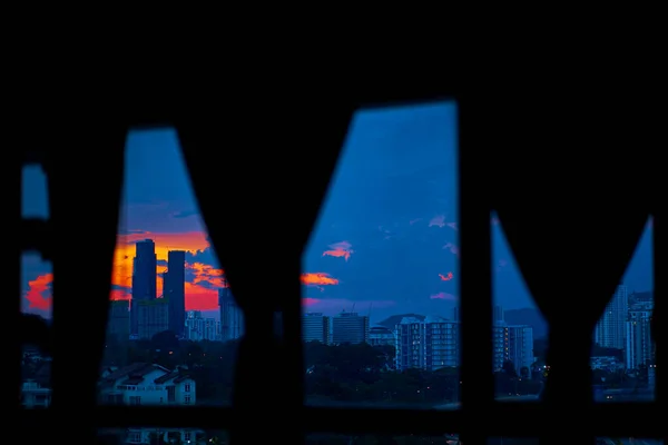 Evening Sunset View Window Apartment Multi Lane Highway Direction Metropolis — Stock Photo, Image