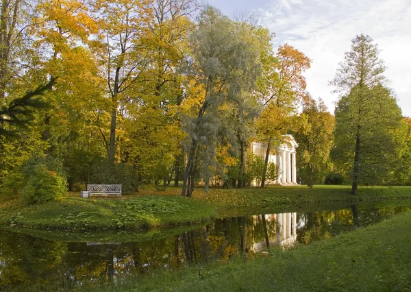 Осенний вид на парк со скамейкой и прудом — стоковое фото