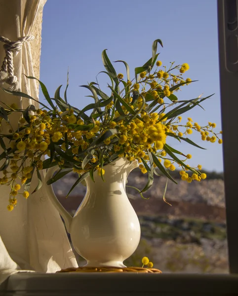 Кувшин с желтыми цветами на окне — стоковое фото