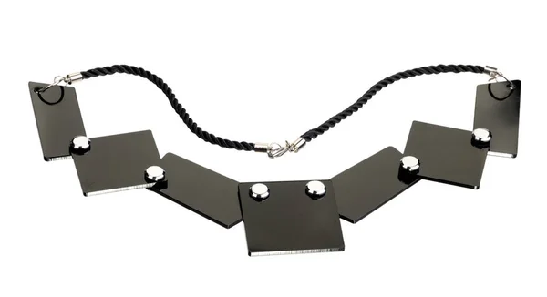 Necklace Made Rectangular Plates Black Stones Isolated White Background — Stock Photo, Image
