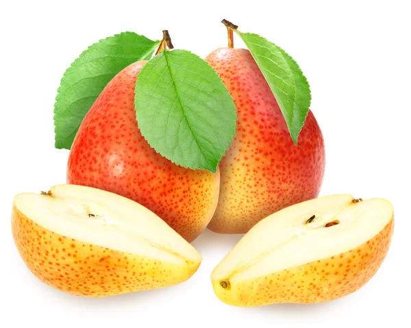 Fresh yellow-orange pears with green leaf — Stock Photo, Image