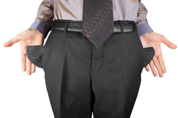 Hombre mostrando bolsillos vacíos — Foto de Stock