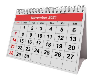 Yıllık iş takviminin bir sayfası. Tarih - Kasım 2021. 3d oluşturma