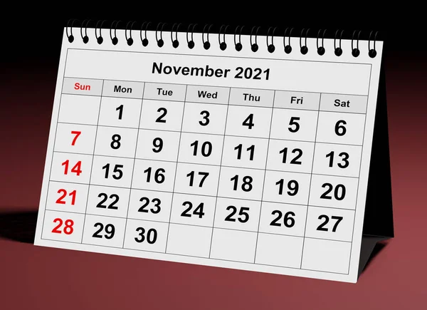 年度商业月历的一页 2021年11月 3D渲染 — 图库照片