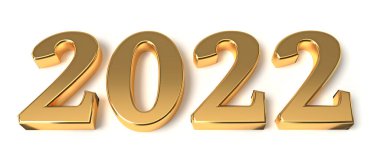 Altın renkli yeni yıl konsepti. 2022 numara beyaz üzerine izole edilmiş. 3d oluşturma