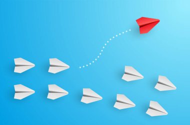 Bireysellik kavramı. Bireysel ve benzersiz lider kırmızı kağıt uçak yana doğru uçuyor. Vektör illüstrasyonu 