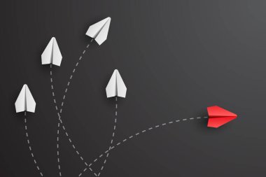 Bireysellik kavramı. Bireysel ve benzersiz lider kırmızı kağıt uçak yana doğru uçuyor. Farklı düşün. Vektör illüstrasyonu 