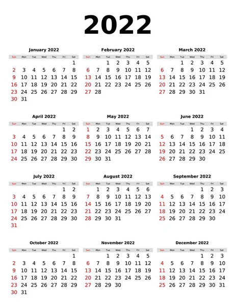 Vektorový Kalendář 2022 Pro Plánování Návrh Šablona Týdny — Stockový vektor