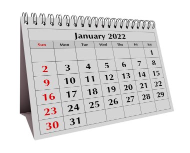 Yıllık iş takviminin bir sayfası. Tarih - Ocak 2022. 3d oluşturma