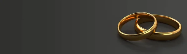 2つの結婚指輪のバナーは 空白の暗いコピースペースの背景と互いに横になります 3Dレンダリング — ストック写真