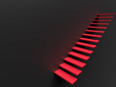 Soyut merdiven. Kırmızı merdivenler ve boş bir arka plan, iş konsepti. 3d oluşturma