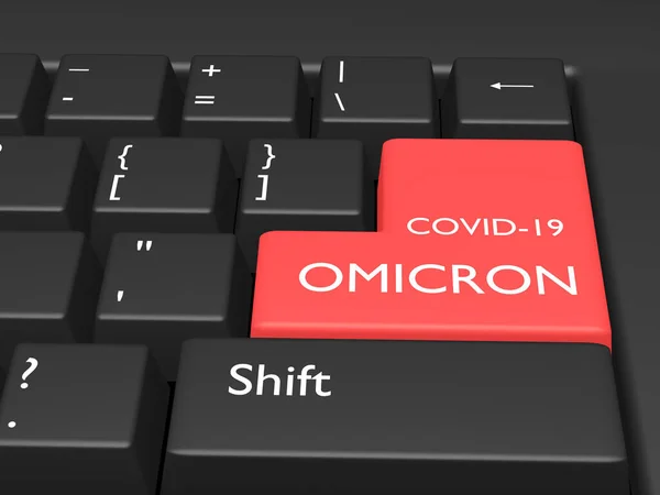 コロナウイルスの概念 Word Covid Omicronコンピューターキーボードのボタンを押します 3Dレンダリング — ストック写真