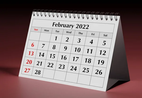 年度商业月历的一页 2022年2月 3D渲染 — 图库照片