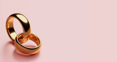 İki altın alyansın bayrağı birbirine uzanmış ve arka planda boşluk var. 3d oluşturma