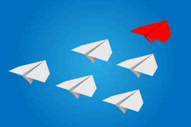Bireysel kırmızı lider kağıt uçak boş fotokopi arkaplanında diğerini yönlendiriyor. İş ve liderlik kavramı. Vektör