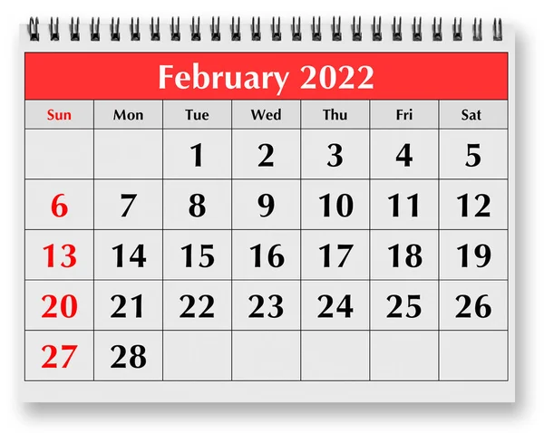 每月日历一页 2022年2月 — 图库照片
