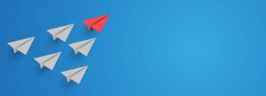 Bireysel kırmızı lider kağıt uçak boş fotokopi arkaplanında diğerini yönlendiriyor. İş ve liderlik kavramı. Vektör illüstrasyonu