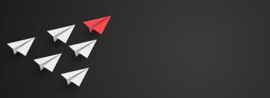 Bireysel kırmızı lider kağıt uçak boş fotokopi alanı arka planında diğerini yönlendiriyor. İş ve liderlik kavramı. Vektör illüstrasyonu