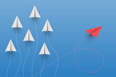 Bireysellik kavramı. Bireysel ve benzersiz lider kırmızı kağıt uçak yana doğru uçuyor. Vektör illüstrasyonu