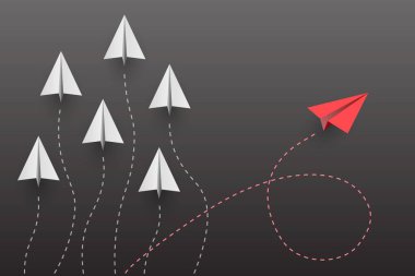 Bireysellik kavramı. Bireysel ve benzersiz lider kırmızı kağıt uçak yana doğru uçuyor. Vektör illüstrasyonu