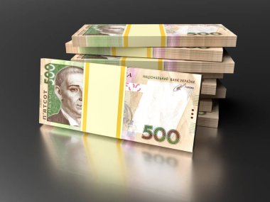 500 banknotla birlikte bir yığın Ukrayna parası (Grivna, Hryvna). Finans kavramı