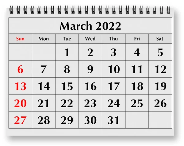 Una Página Del Calendario Mensual Anual Marzo 2022 —  Fotos de Stock