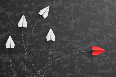 Bireysellik kavramı. Bireysel ve benzersiz lider kırmızı kağıt uçak yana doğru uçuyor. Farklı düşün. Vektör illüstrasyonu 