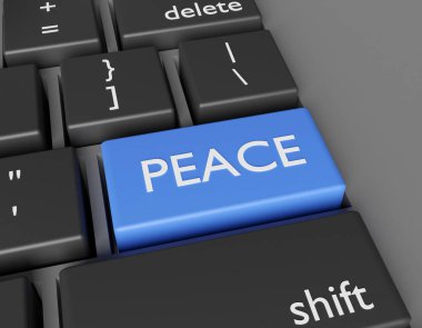 Barış kavramı. Bilgisayar anahtarında kelime barışı. 3d oluşturma